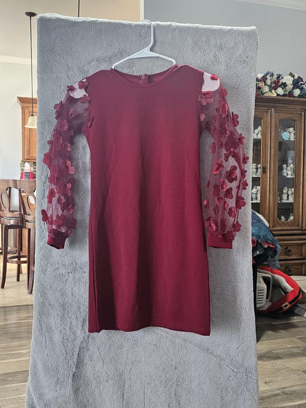 Girls' Maroon Floral Appliqué Sleeve Dress